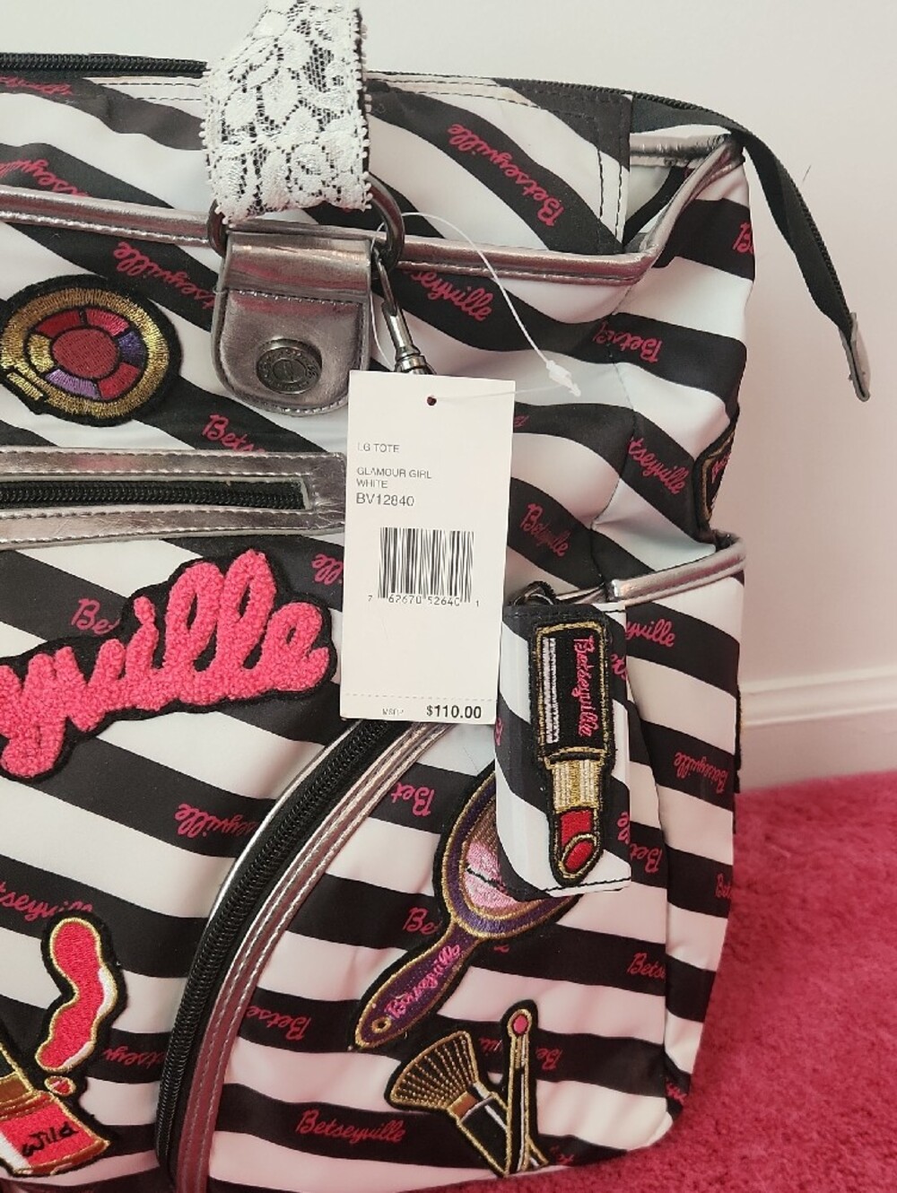 Betsey Johnson Black & White Striped Patchwork Tote with Pink Accents - Picture 4 of 7